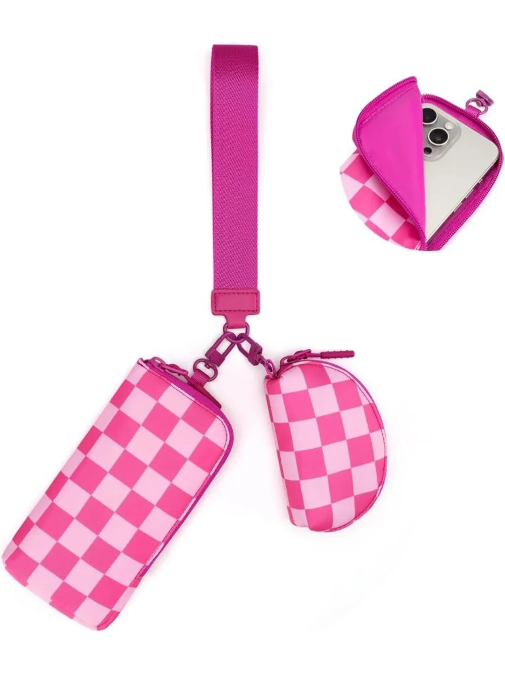 Stylish Checkered Dual Pouch Wristlet Wallet for Women - Fits Phone & Coin Purse